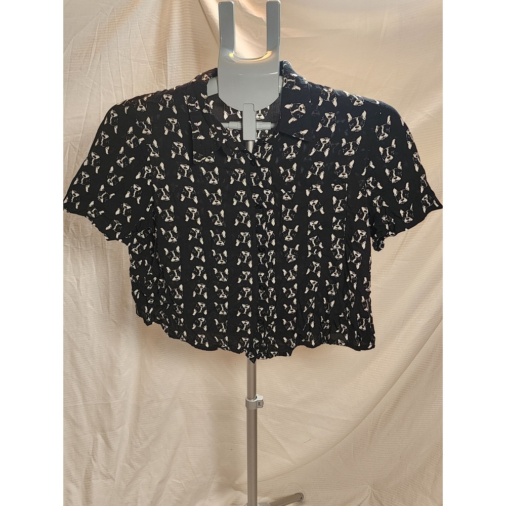 Boston Terrier Dog Print Crop Button Down Collar Blouse Whimsical Novelty L